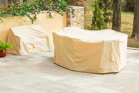 Outdoor furniture covers being taken off furniture